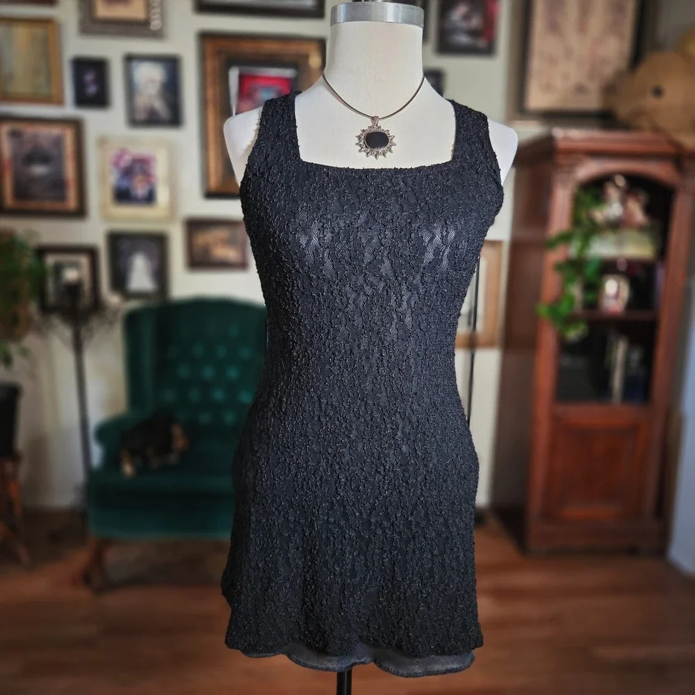 Vintage 80s Black Lace Square Neck Sleeveless‎ Mini Dress Flirty Party